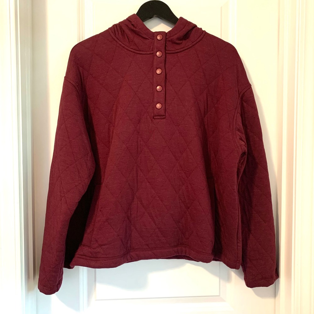 Lands End Womens XL Quilted Burgundy Snap Neck Hoodie Sweatshirt Pullover